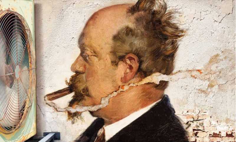 Painting of a man smoking a cigar in front of a fan